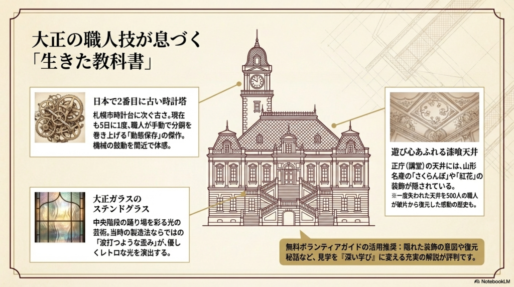 日本で2番目に古い時計塔、さくらんぼが隠された漆喰天井、波打つ大正ガラスのステンドグラスなど、職人技の見どころをまとめたスライド。