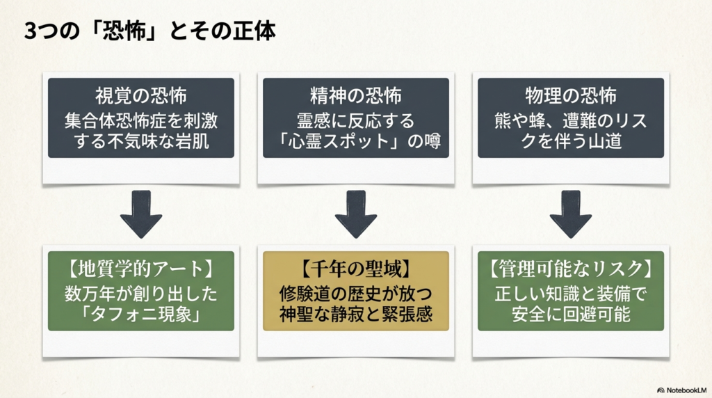視覚（岩肌）、精神（心霊の噂）、物理（野生動物・遭難）の3つの視点から、垂水遺跡が「怖い」と感じられる理由を整理したスライド。