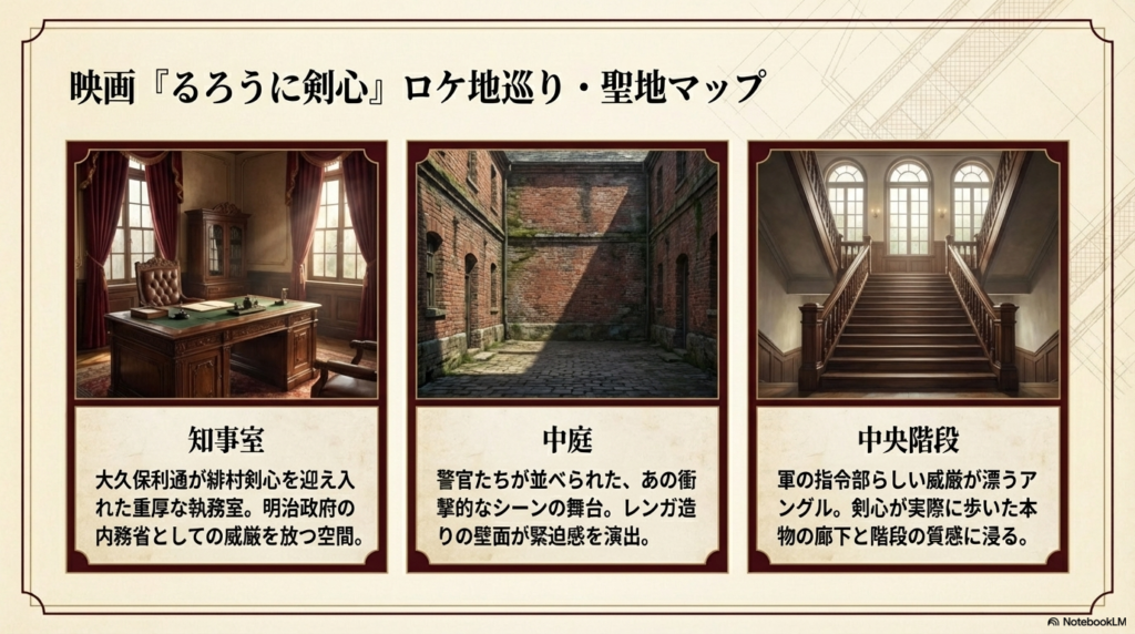 劇中で使用された知事室、中庭、中央階段の写真とともに、大久保利通や緋村剣心のシーンを解説するロケ地ガイドスライド。