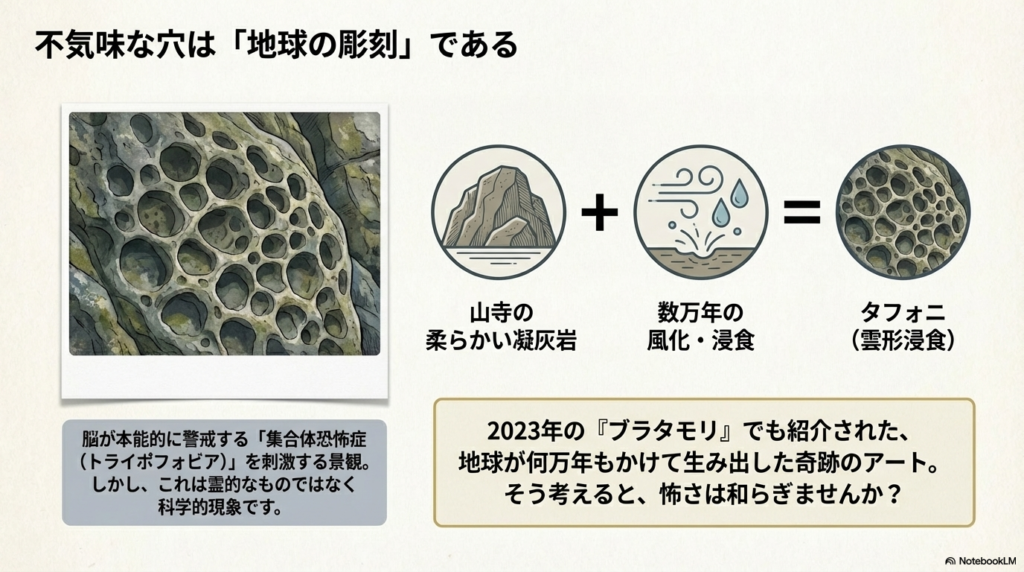  山寺の凝灰岩が数万年の風化・浸食を経て「タフォニ」と呼ばれる蜂の巣状の穴（雲形浸食）になる過程を説明するイラストスライド。 