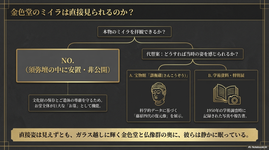 ミイラの本物は非公開（須弥壇内に安置）であることを示し、代替案として讃衡蔵の復元像や学術資料、特別展の案内を紹介するスライド。