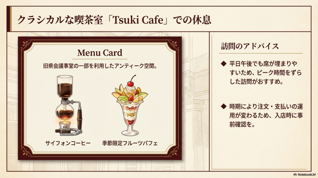 サイフォンコーヒーと季節限定フルーツパフェのイラストとともに、カフェのメニューや混雑回避のアドバイスを記載したスライド。