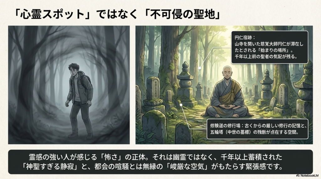 山寺を開いた円仁の宿跡や修行場の歴史、五輪塔の残骸など、この場所に蓄積された神聖な静寂の正体を解説するスライド。