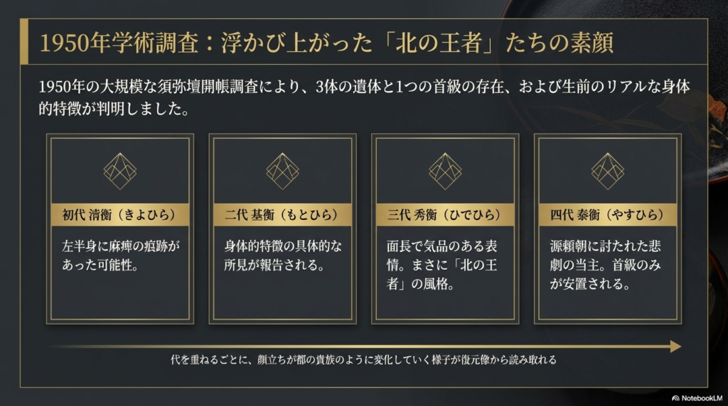 初代清衡、二代基衡、三代秀衡、四代泰衡の身体的特徴や1950年の調査結果、復元像から読み取れる顔立ちの変化をまとめた解説スライド。