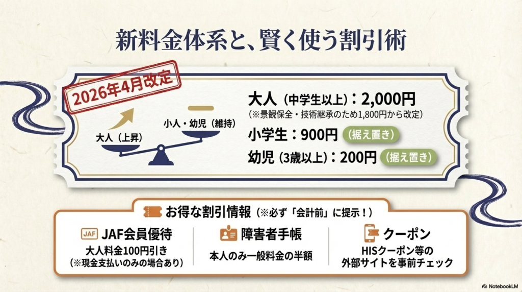 2026年4月からの新料金（大人2,000円、小学生900円、幼児200円）と、JAF会員100円引き、障害者手帳提示で半額、HISクーポン等の割引情報をまとめた表。