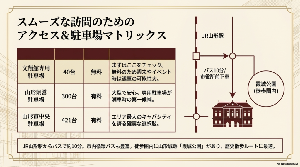 JR山形駅からのバスルート図と、文翔館専用駐車場を含む周辺3箇所の駐車場の収容台数・料金を比較したマトリックス表。
