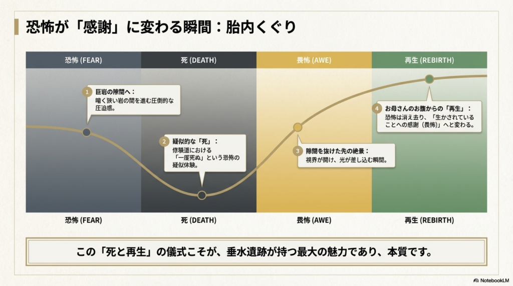 巨岩の隙間を抜ける「胎内くぐり」を、恐怖（FEAR）から死（DEATH）、畏怖（AWE）、そして再生（REBIRTH）へと繋がるプロセスとして示した図解スライド。