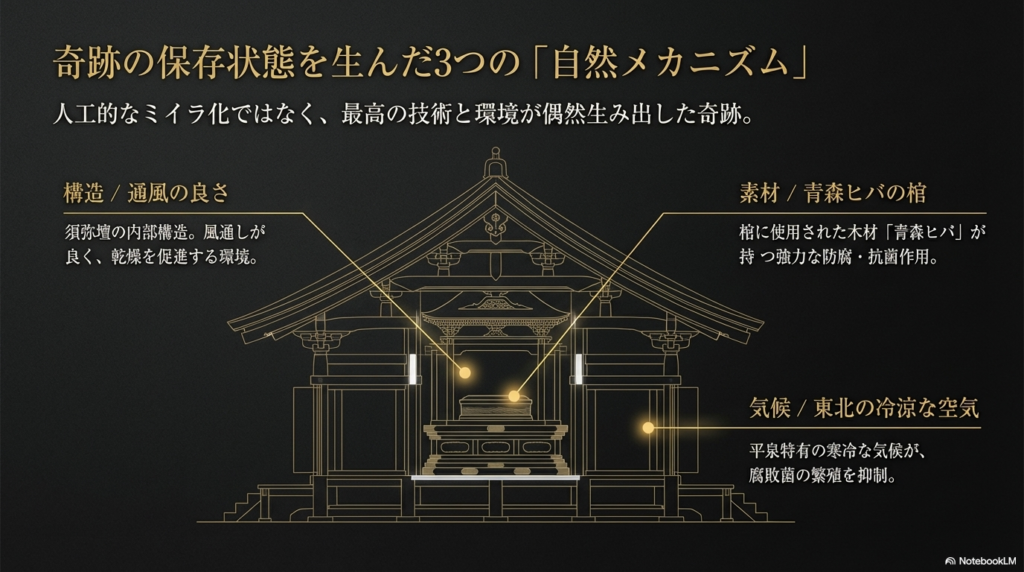 青森ヒバの棺の防腐作用、須弥壇の通風の良さ、東北の冷涼な空気という、ミイラの保存を助けた3つの環境要因を解説する図解スライド。