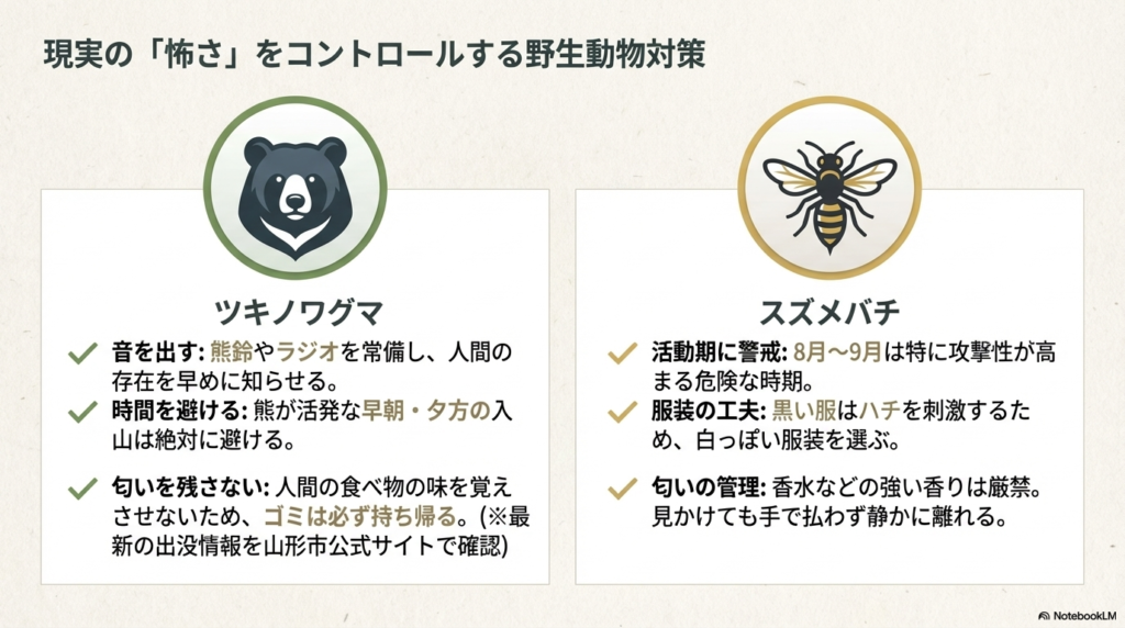 熊鈴の使用や入山時間の管理（クマ対策）、白い服装の選択や強い香りを避ける（ハチ対策）など、現実的なリスク管理をまとめたスライド。