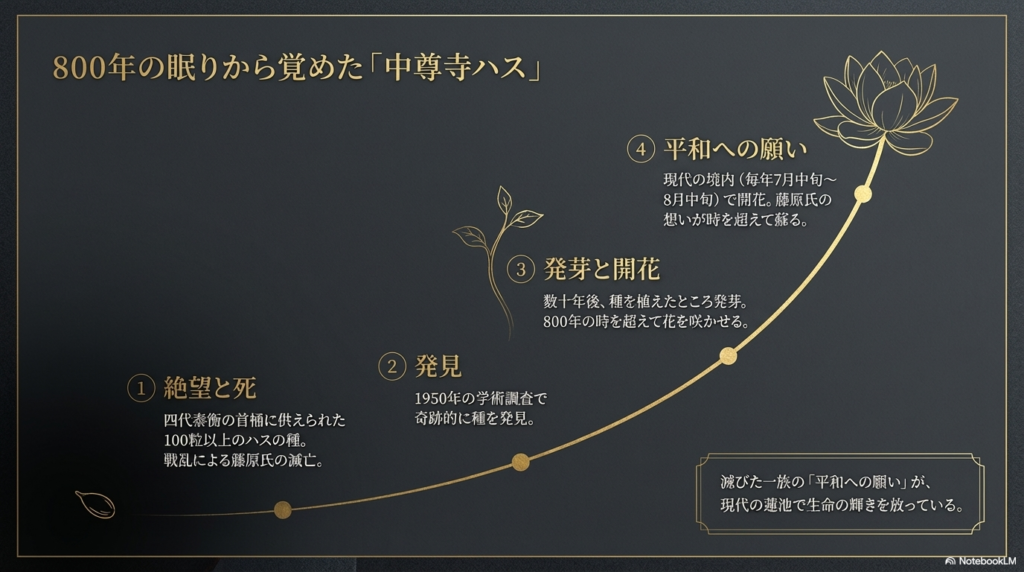 四代泰衡の首桶から発見された種が800年の時を超えて発芽・開花し、現代の平和への願いへとつながるプロセスを描いたステップ図のスライド。