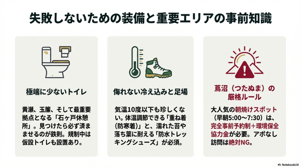石ヶ戸などのトイレ拠点の確認、10度以下の冷え込み対策と防水靴の必要性、および蔦沼の早朝予約制に関する注意をまとめたアイコン付きガイド。