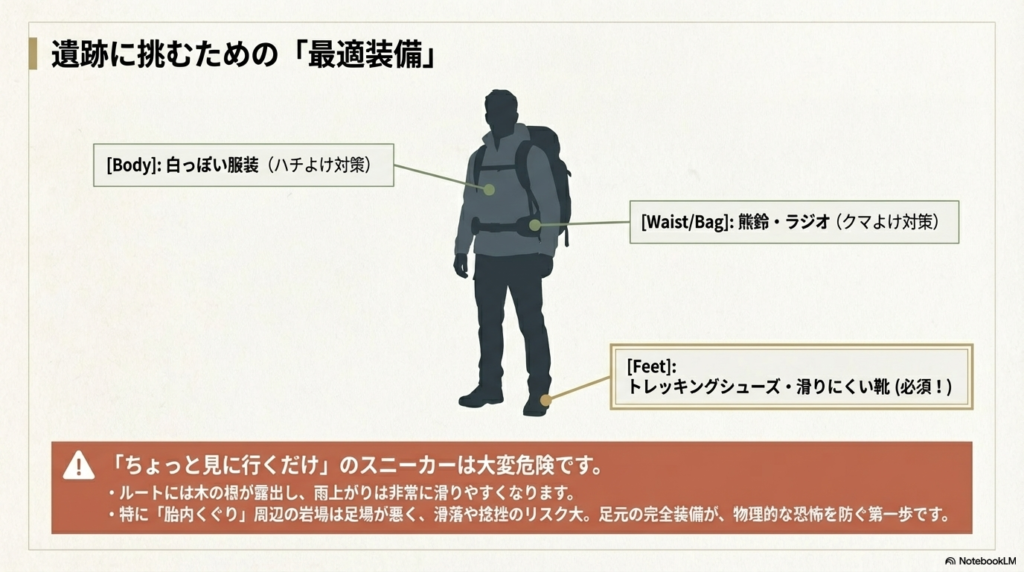ハチ対策の白い服、クマ対策の熊鈴・ラジオ、そして滑落防止のためのトレッキングシューズの重要性を強調した装備解説スライド。