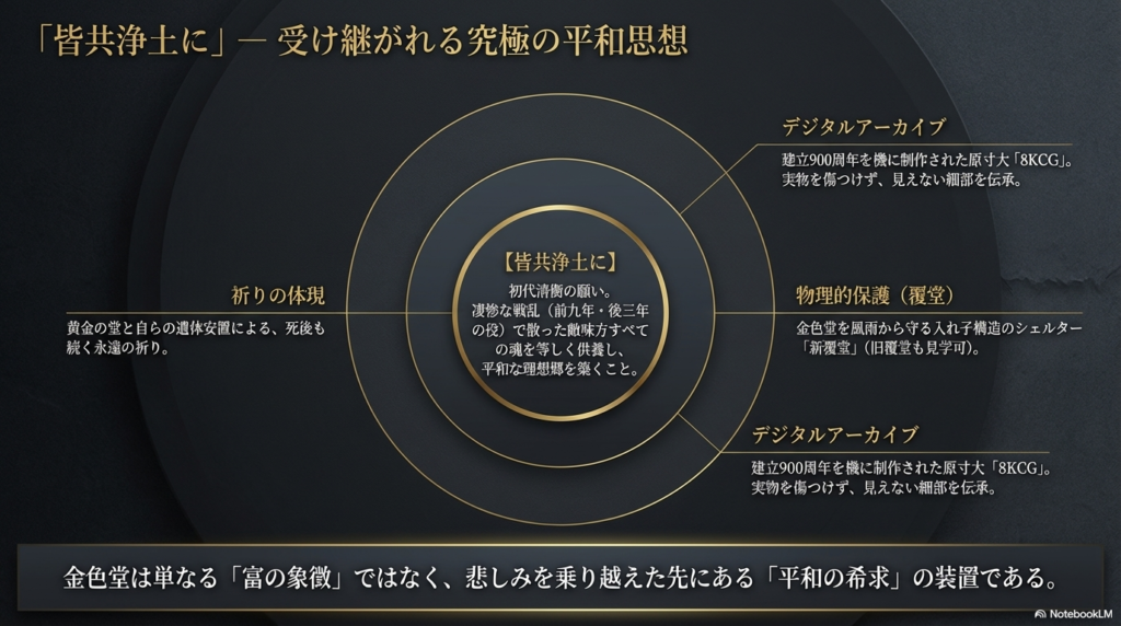 初代清衡の平和への願いを中心に、物理的保護（新覆堂）、デジタルアーカイブ（8KCG）、祈りの体現（金色堂）の相関関係を示した概念図のスライド。