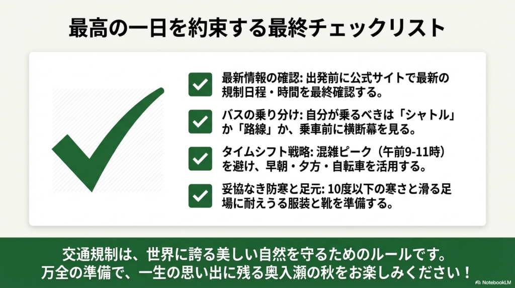 最新情報の確認、バスの乗り分け、タイムシフト戦略、防寒・足元の準備の4項目をまとめた最終確認用リスト。