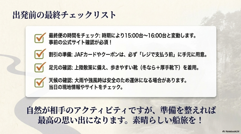 最終便の時間の確認、割引券の準備、歩きやすい靴の着用、天候による運休確認の4点をまとめた、旅の最終確認用チェックリスト。