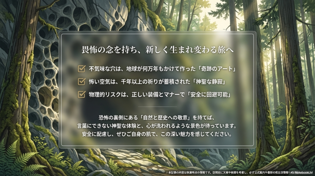  岩肌の穴は「奇跡のアート」、怖い空気は「神聖な静寂」であると再定義し、自然と歴史への敬意を持って訪問を促すまとめのスライド。 