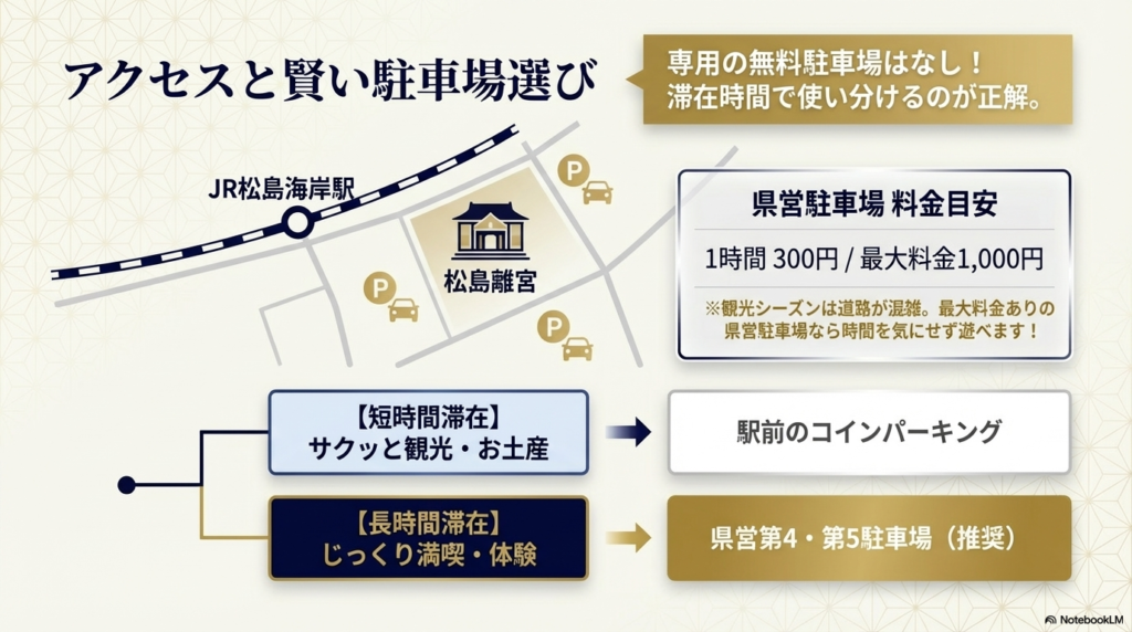 松島海岸駅と松島離宮の周辺地図。短時間なら駅前、長時間なら県営第4・第5駐車場が推奨されることを示すマップ。