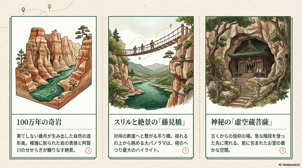 100万年の奇岩、スリル満点の吊り橋「藤見橋」、神秘的なお堂「虚空蔵菩薩」のイラストと解説。阿賀川と断崖が織りなす絶景のイメージ。