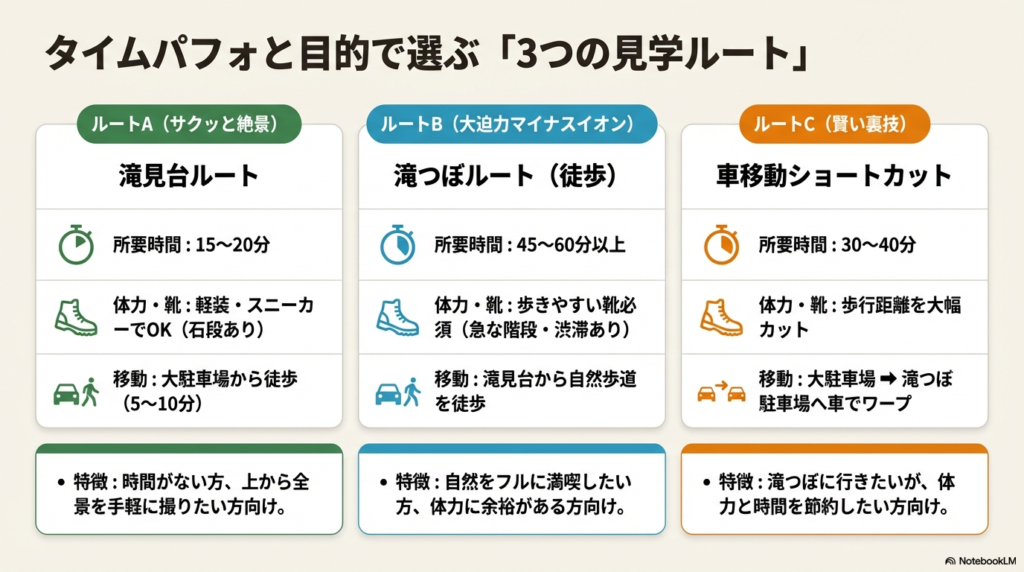 「滝見台」「滝つぼ」「車移動ショートカット」の3ルートを、所要時間や体力・靴の条件で比較したまとめ表 。