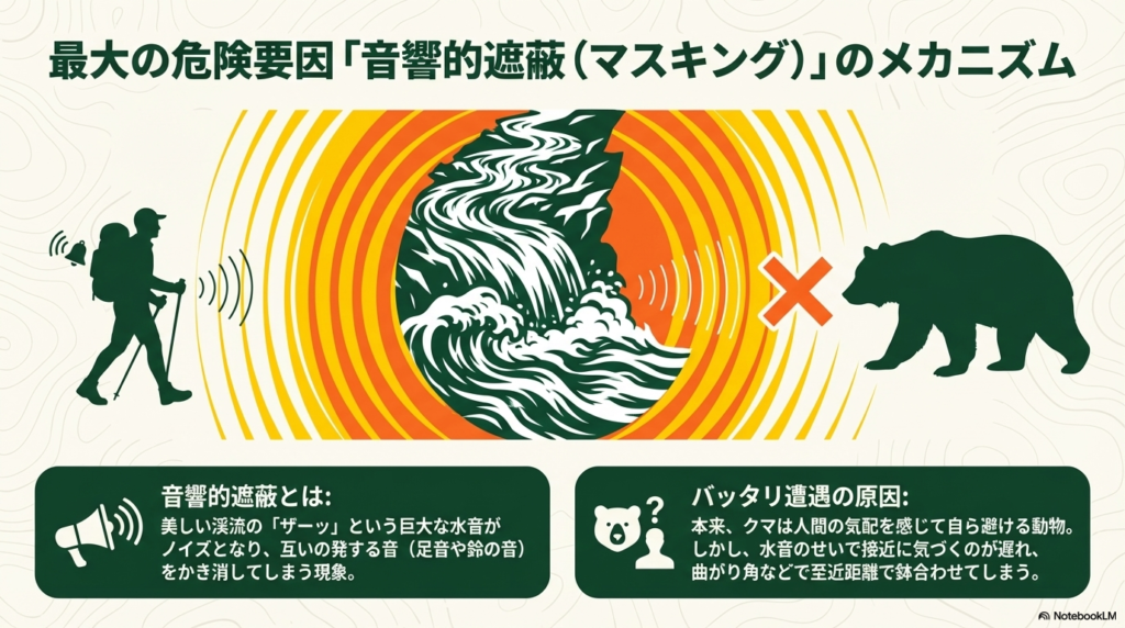 渓流の水音が人間の鈴の音などをかき消し、クマとバッタリ遭遇してしまう仕組みを図解したイラスト。