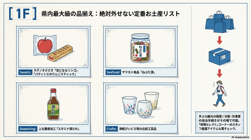 「気になるリンゴ」「ねぶた漬」「スタミナ源たれ」「津軽びいどろ」のイラスト。手ぶら観光のための発送手続きが可能であることも記載されている。