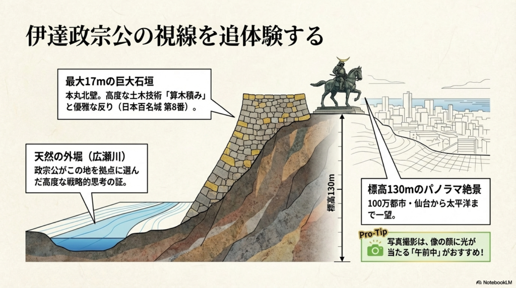 石垣の構造や標高130mの視界、撮影のコツ（午前中推奨）を解説するイラスト資料。