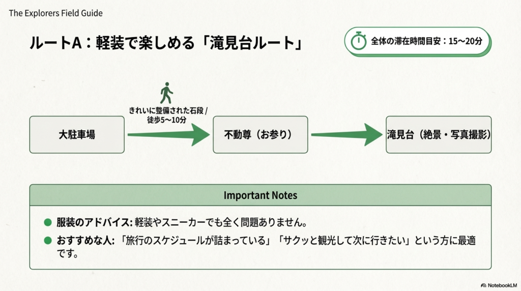滞在時間15〜20分で、大駐車場から不動尊、滝見台を巡る手軽なコースの解説 。