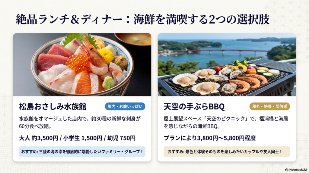 「松島おさしみ水族館」の食べ放題と、屋上展望台での「天空の手ぶらBBQ」の内容・料金を紹介するスライド。