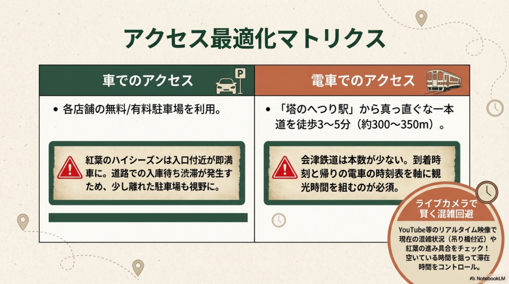 車と電車のアクセス方法。駐車場混雑の注意点、駅から徒歩3〜5分のルート案内、YouTubeライブカメラを活用した混雑回避のアドバイス。