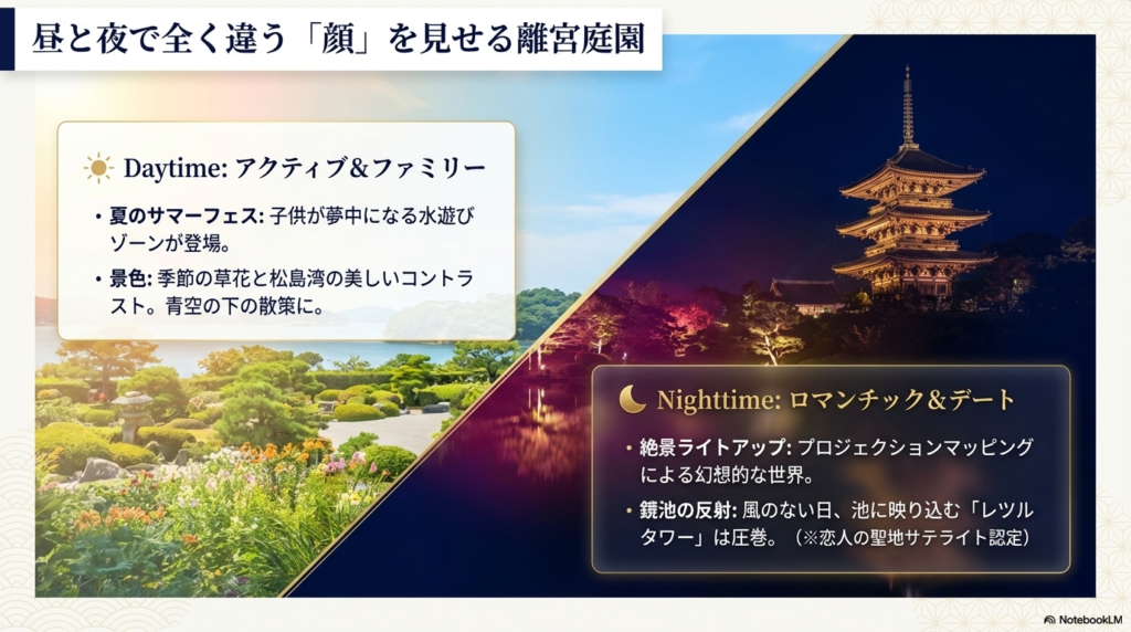 昼の水遊びや景色、夜のプロジェクションマッピングや鏡池のレツルタワーを紹介する比較スライド。