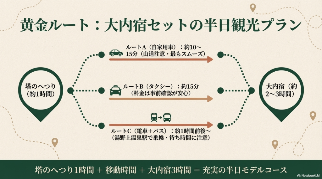 塔のへつり（1時間）と大内宿（2〜3時間）をセットにしたモデルコース。車、タクシー、電車＋バスそれぞれの移動時間とルートを比較した図解。