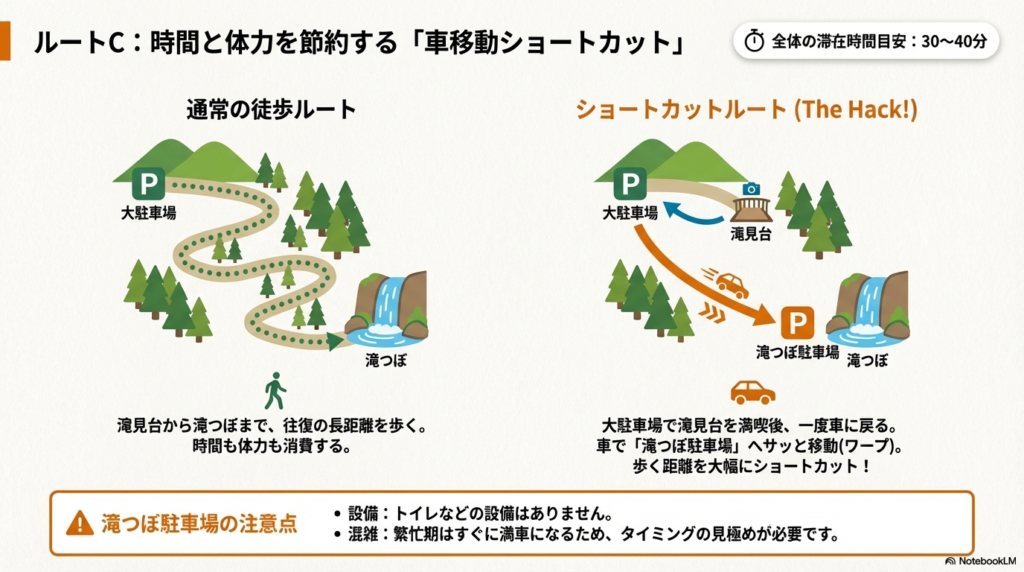 大駐車場から滝つぼ駐車場へ車で移動することで、歩行距離を大幅にカットする効率的な回り方の図解 。