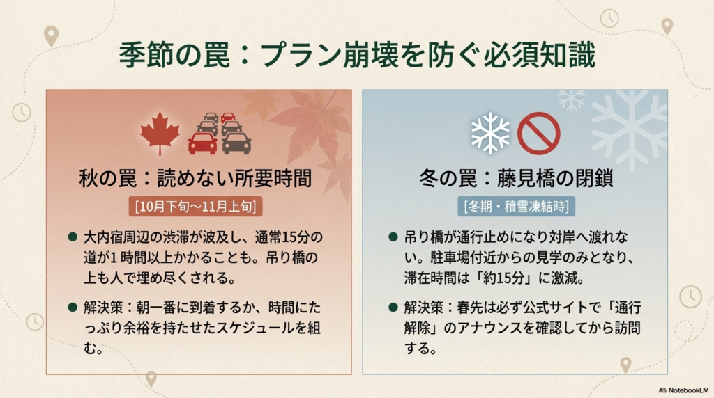 秋の紅葉シーズンの渋滞（15分が1時間以上に）と、冬期の吊り橋「藤見橋」閉鎖に関する注意点と解決策のまとめ。