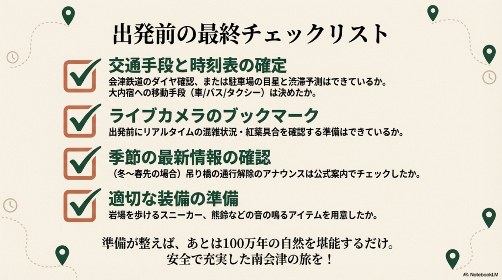 交通手段、ライブカメラ、季節の最新情報、適切な装備の4項目を確認する最終チェックリスト。「準備が整えば、あとは100万年の自然を堪能するだけ」という結び。