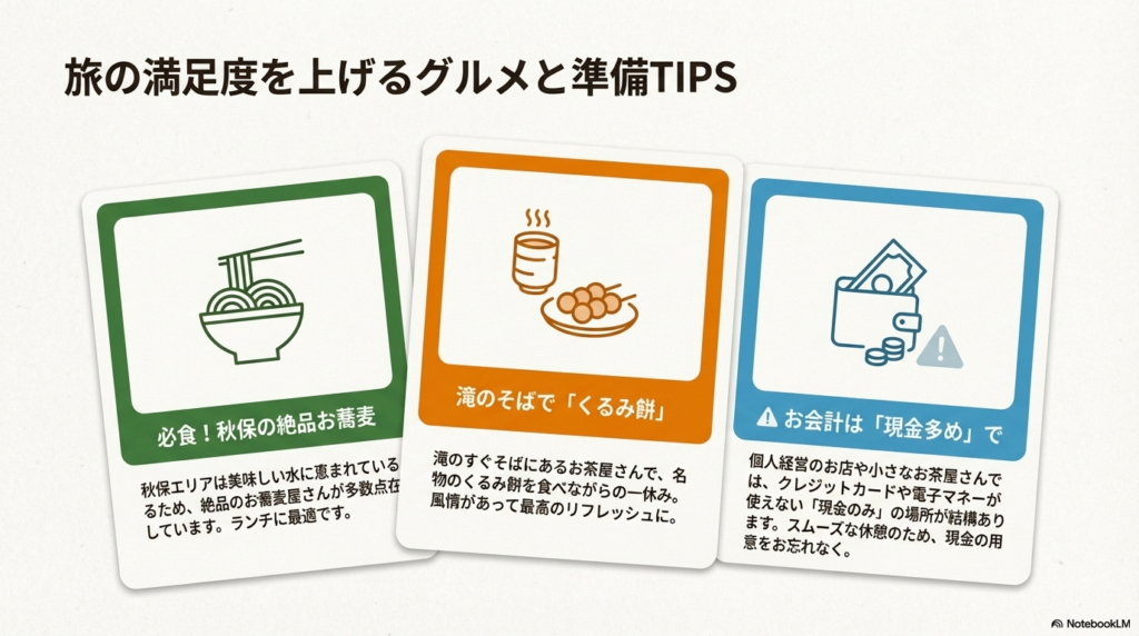 秋保のお蕎麦やくるみ餅の紹介と、個人経営店での支払いのために現金を多めに用意するよう促すTIPS 。