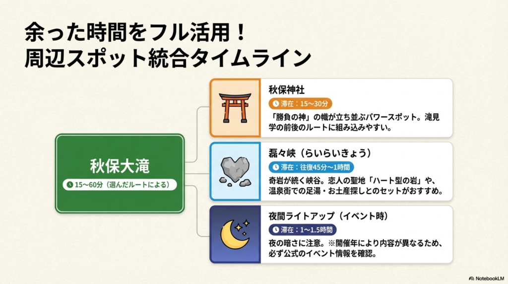 秋保大滝、秋保神社、磊々峡、夜間ライトアップの各スポットの滞在目安時間をまとめたタイムライン 。