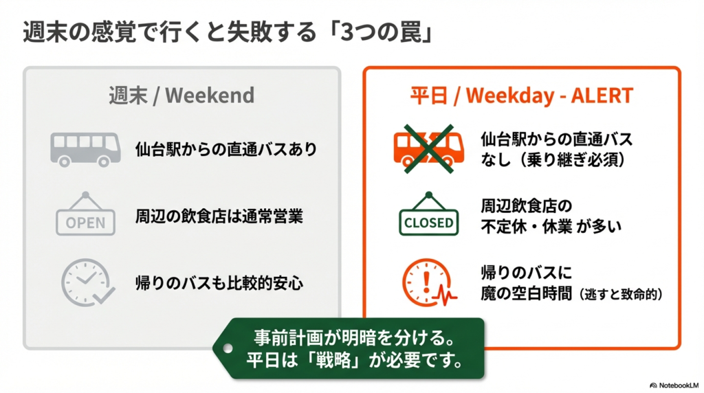 週末と平日の違いを比較した表。平日は仙台駅からの直通バスがなく乗り継ぎが必須であること、周辺飲食店に休業が多いこと、帰りのバスに注意が必要であることを警告している 。