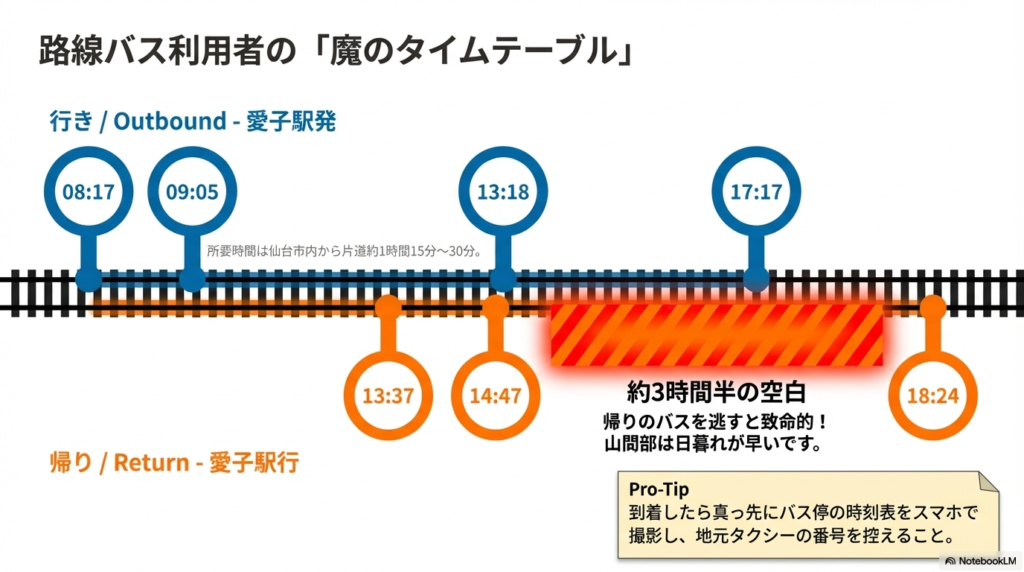 愛子駅発着のバス時刻表。帰りのバスにおいて14:47から18:24まで約3時間半の「魔の空白時間」があることを強調し、乗り遅れが致命的であることを警告している 。