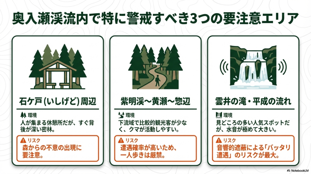 石ケ戸、紫明渓〜惣辺、雲井の滝など、特に警戒すべきエリアの特徴をまとめたイラストマップ。