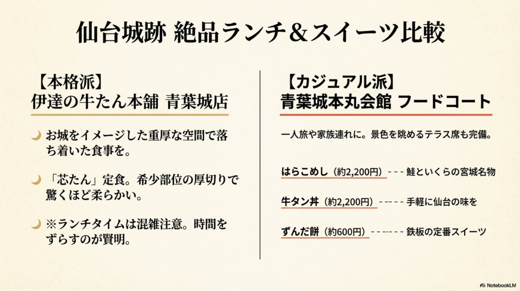 「伊達の牛たん本舗」と「本丸会館フードコート」のメニューや特徴を比較した表。
