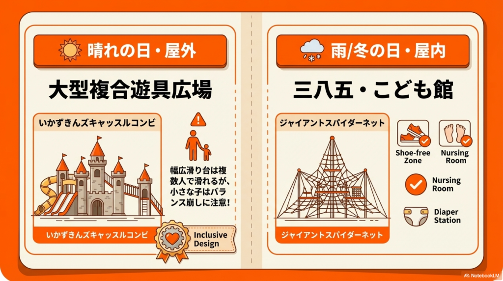 ジャイアントスパイダーネットのイラストと、土足厳禁、授乳室、おむつ替えスペース完備を示すアイコン。