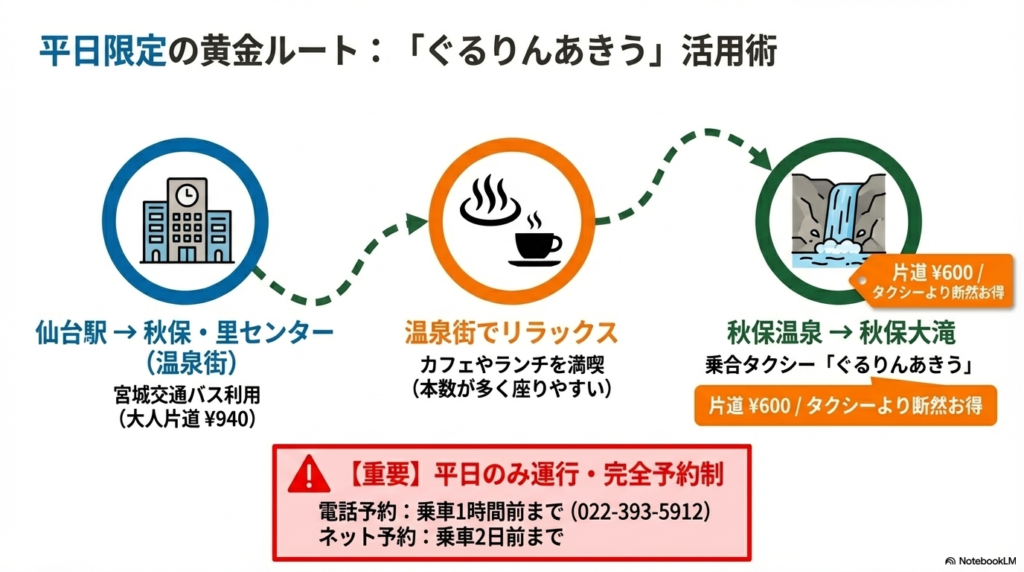 仙台駅から温泉街を経て秋保大滝へ向かうルート図。温泉街から大滝まで片道600円の乗合タクシー「ぐるりんあきう」の利用方法と、完全予約制である旨の注意書き 。