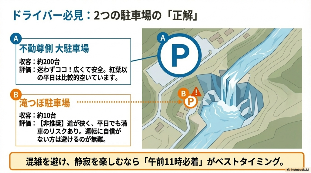 秋保大滝周辺の駐車場マップ。約200台収容で安全な「不動尊側 大駐車場(A)」を推奨し、道が狭く満車リスクのある「滝つぼ駐車場(B)」を非推奨としている 。