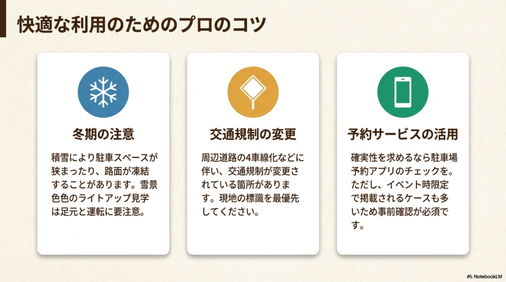 冬期の積雪・凍結注意、最新の交通規制、駐車場予約サービスの活用など、観光をスムーズにするためのアドバイス。