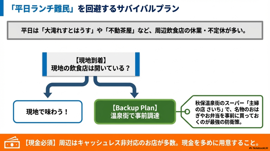 周辺飲食店の不定休への対策。温泉街の「さいち」でおはぎや弁当を事前調達するバックアッププランと、周辺店舗がキャッシュレス非対応であるための現金持参を推奨している 。