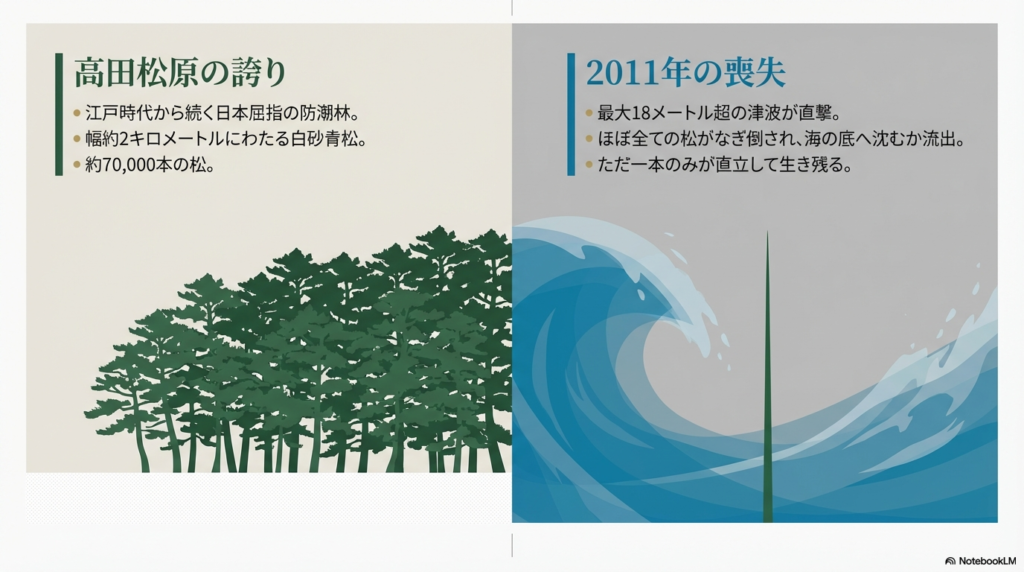 かつての美しい松原のイラストと、巨大な津波の中で一本だけ直立する松の対比図。江戸時代から続く7万本の松が、最大18メートル超の津波で消失した歴史を説明している。