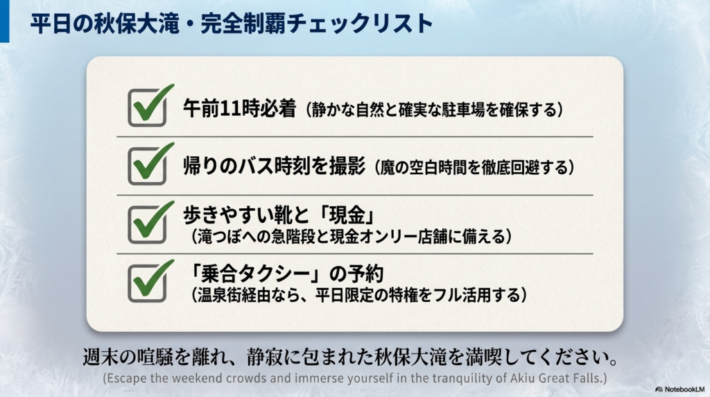 旅の成功ポイントまとめ。午前11時必着、帰りのバス時刻の撮影、歩きやすい靴と現金の用意、乗合タクシーの予約の4点がリストアップされている 。