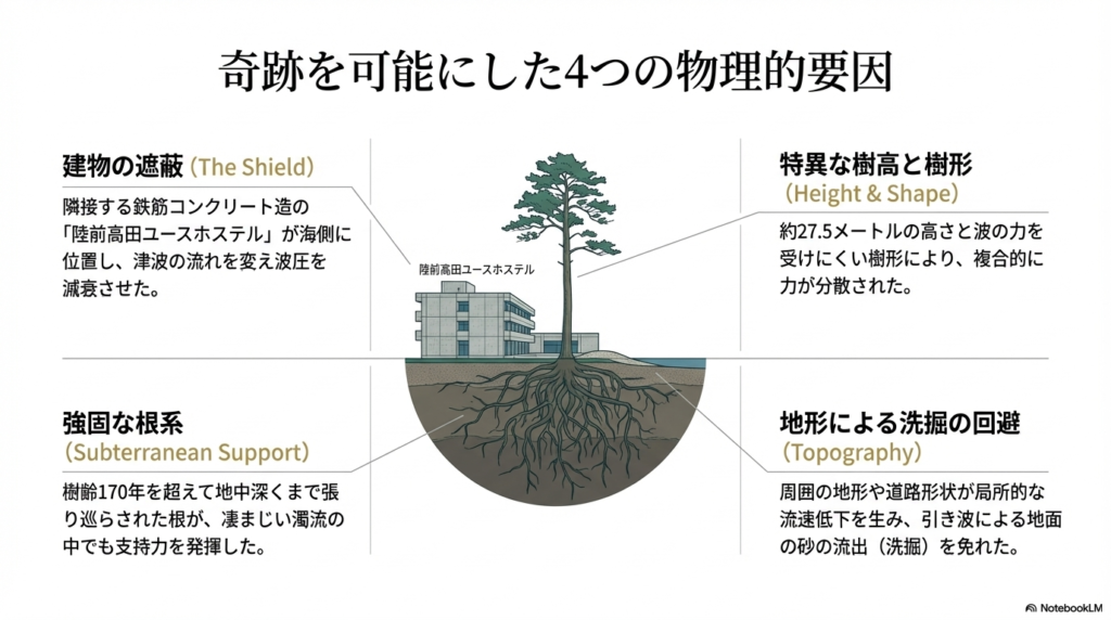 建物の遮蔽(ユースホステル)、特異な樹高(27.5m)、170年培われた強固な根系、地形による洗掘回避という、一本松が生き残った4つの物理的理由を解説する図解。