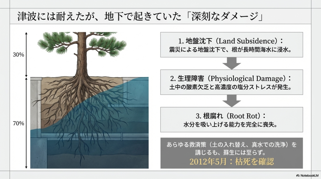 松の根系が海水に浸かっている断面図。地盤沈下による浸水、酸素欠乏、塩分ストレスによる根腐れが枯死の直接的な原因であることを示している。