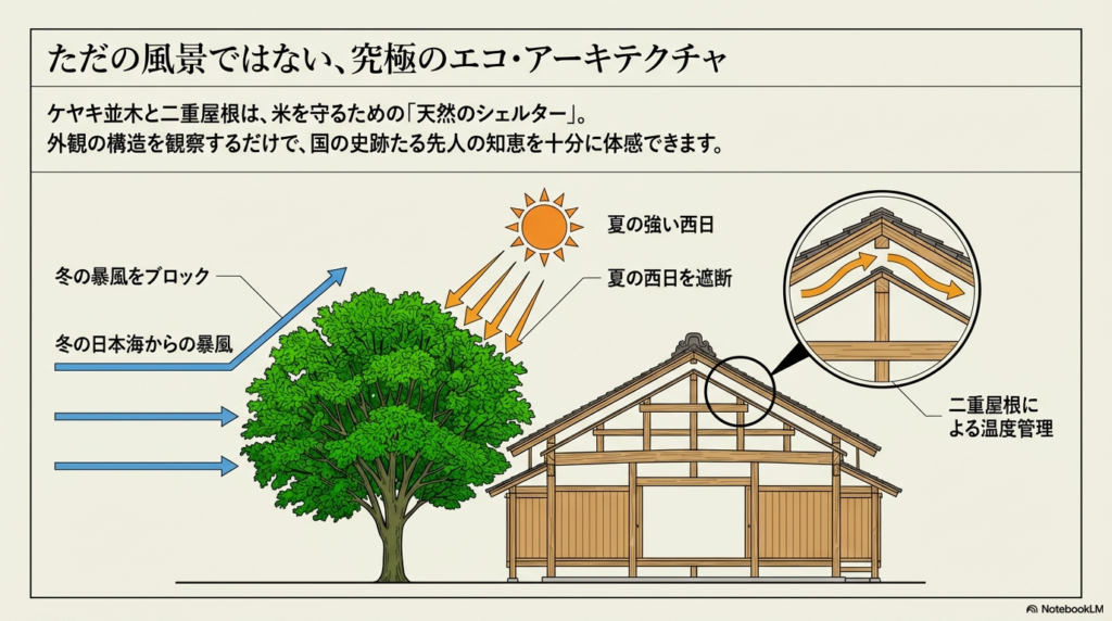 ケヤキ並木が西日や暴風を遮り、二重屋根が内部の温度を一定に保つ仕組みを図解したイラスト。